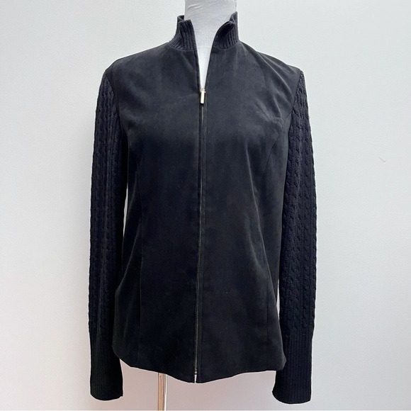 Talbots Black Cable Knit Sleeved Faux Suede Zip Up Jacket Size 10 - Picture 1 of 8